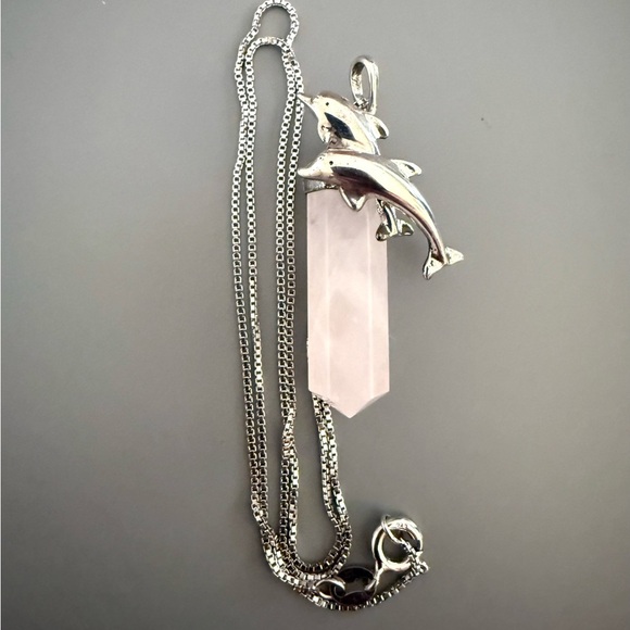 Dolphin Necklace Rose Quartz Sterling Silver Pendant Necklace Healing Stone VTG - Picture 5 of 6